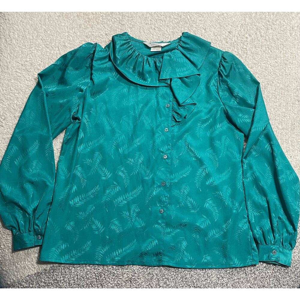 Ship 'N Shore Women's Size 12 Long Sleeve Button Up Ruffle Neck Blouse Green